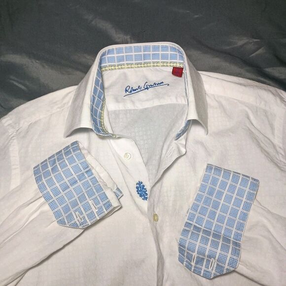 Robert Graham Textured Jacquard Pattern Shirt Medium White Embroidered Flip Cuff - Picture 1 of 16